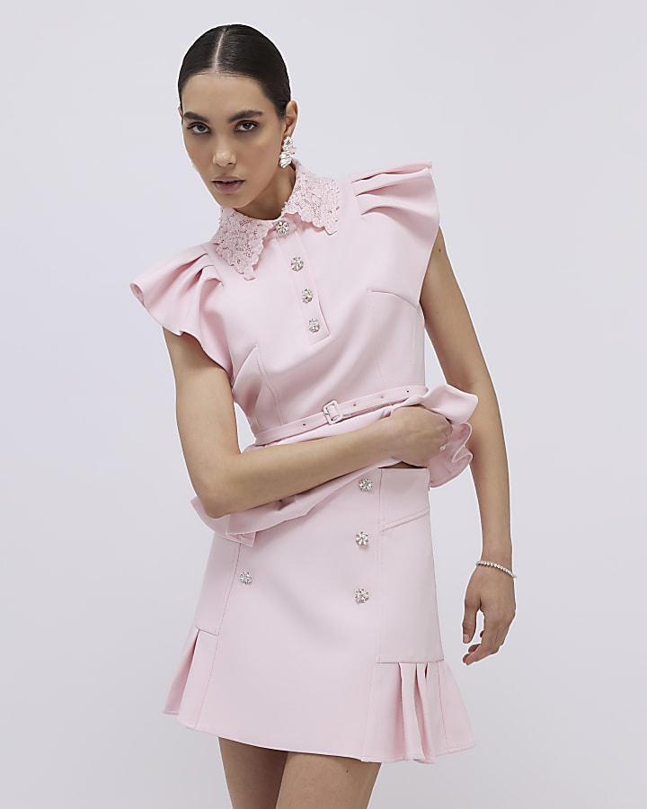 Pink Diamante Pleated Mini Skirt