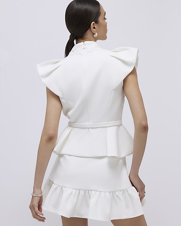 White Diamante Pleated Mini Skirt