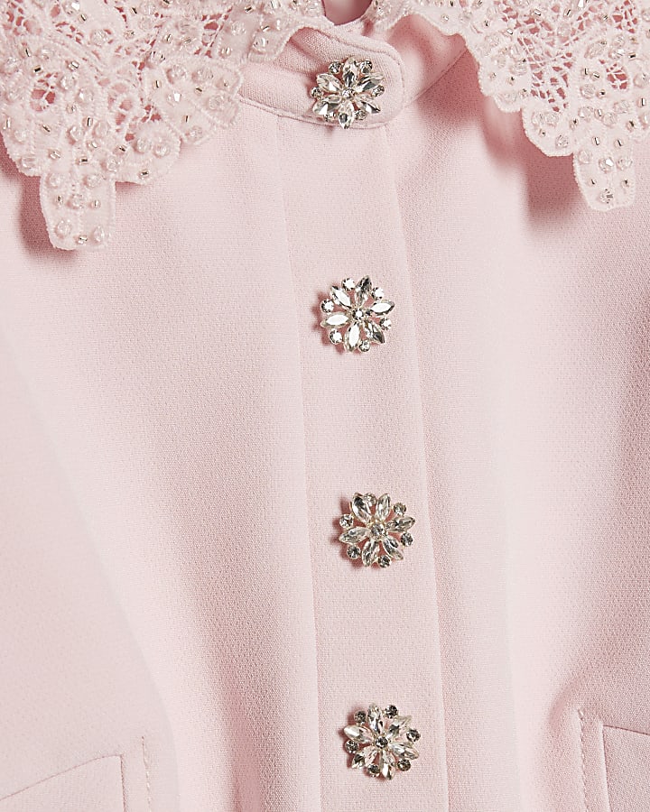Pink Frill Sleeve Diamante Peplum Top