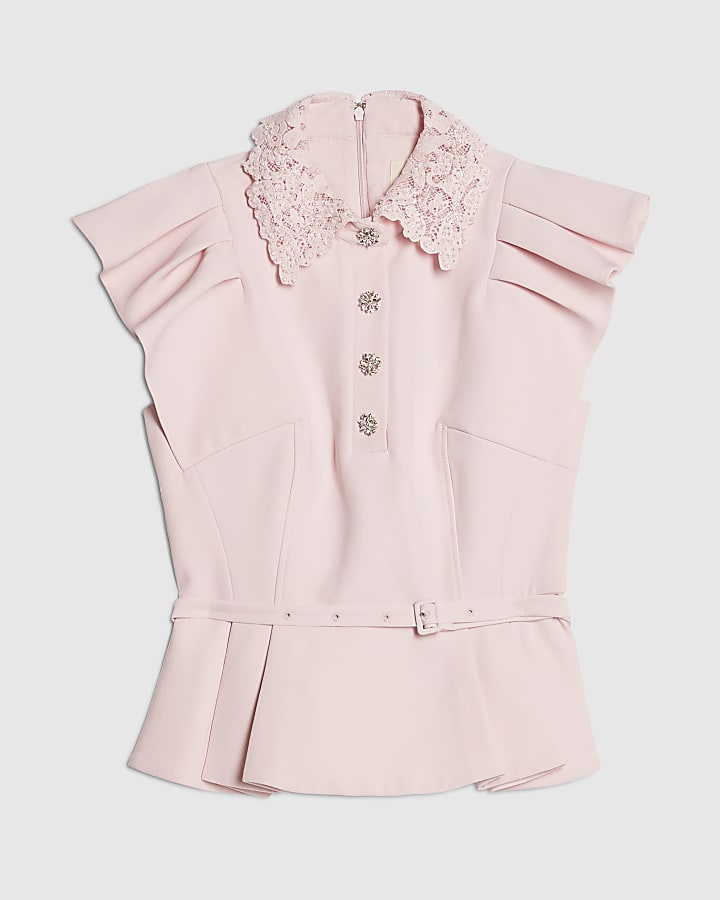 Pink Frill Sleeve Diamante Peplum Top