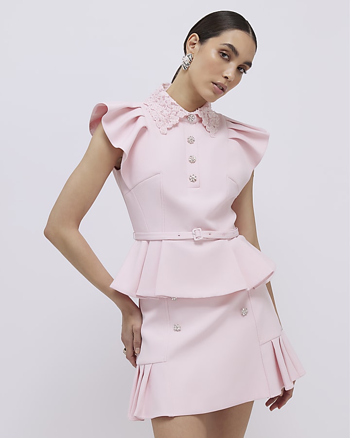 Pink Frill Sleeve Diamante Peplum Top