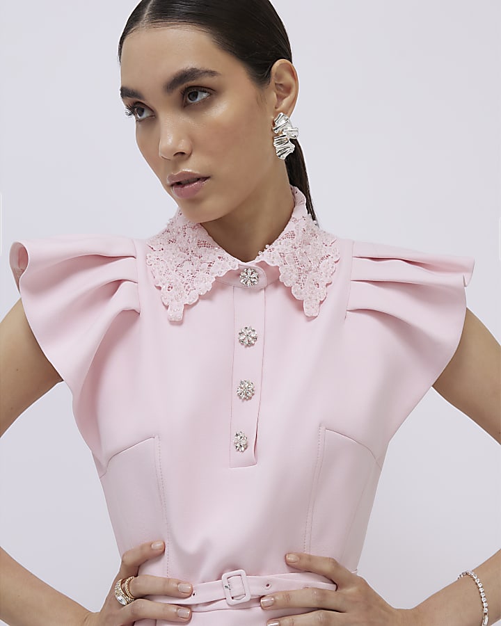 Pink Frill Sleeve Diamante Peplum Top
