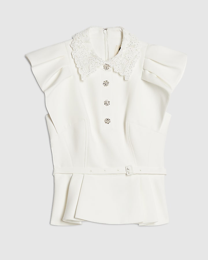 White Frill Sleeve Diamante Peplum Top