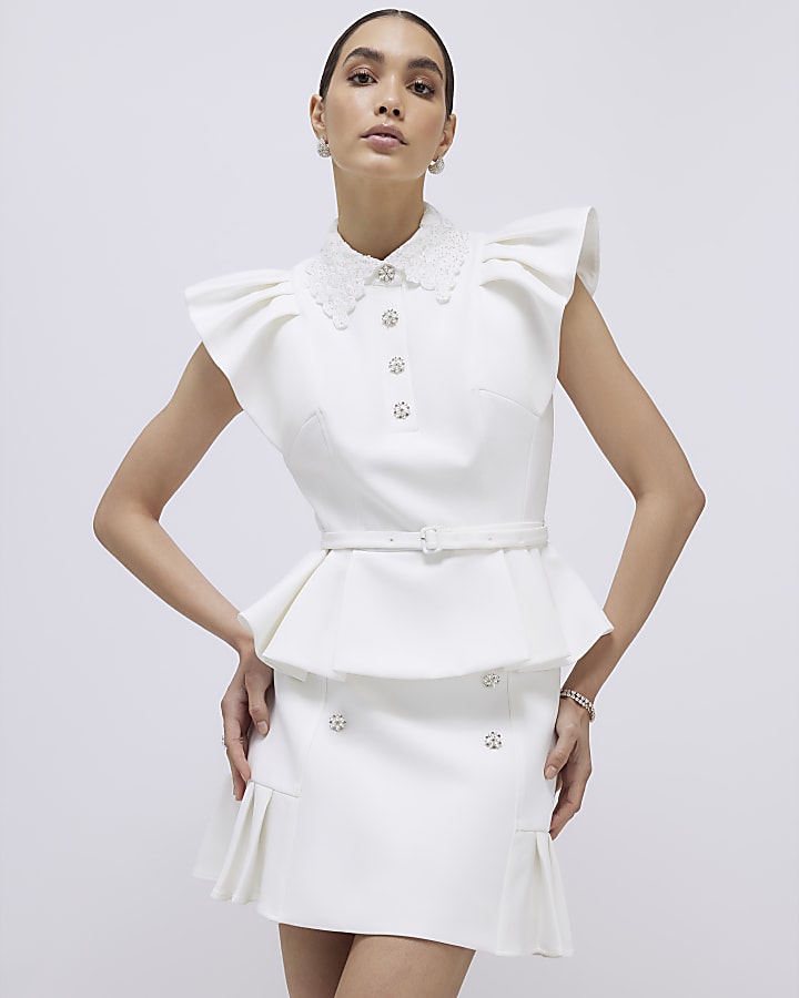 White Frill Sleeve Diamante Peplum Top