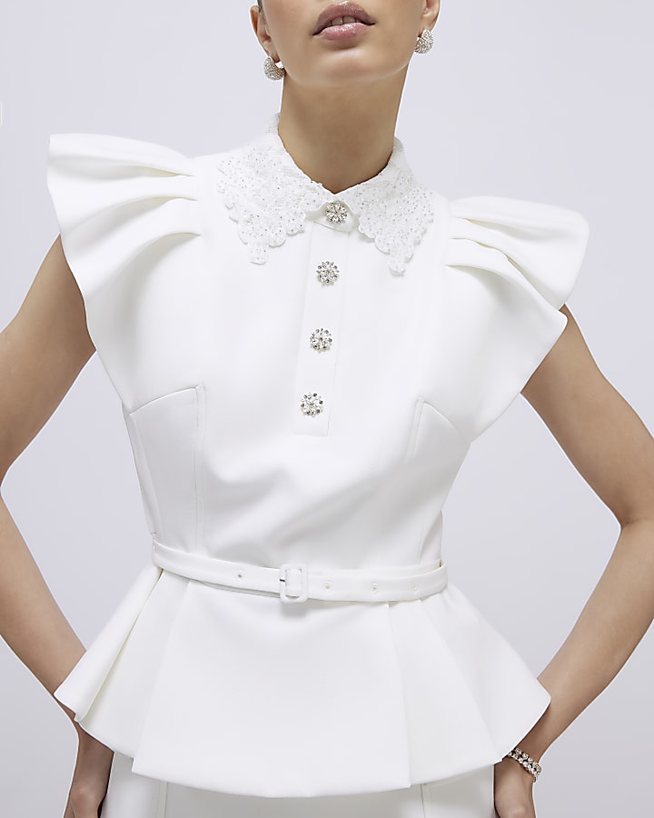 White Frill Sleeve Diamante Peplum Top