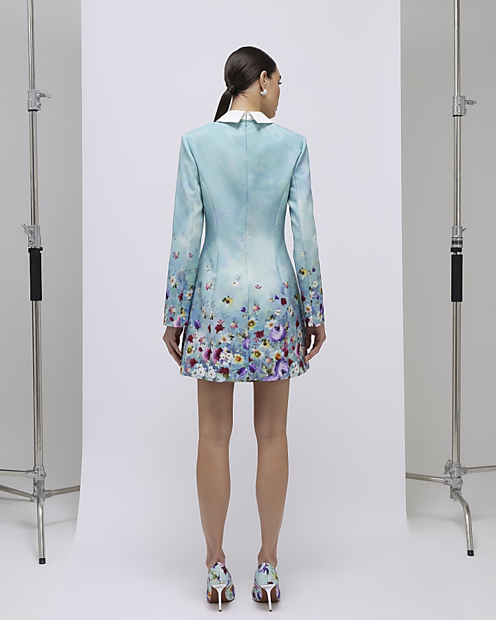 Green Floral Lace Trim Collared Mini Dress