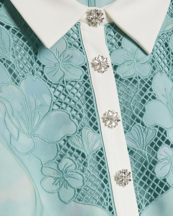 Green Floral Lace Trim Collared Mini Dress