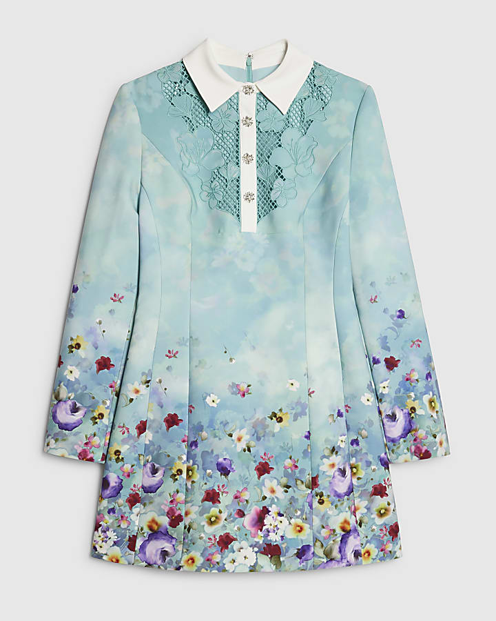 Green Floral Lace Trim Collared Mini Dress