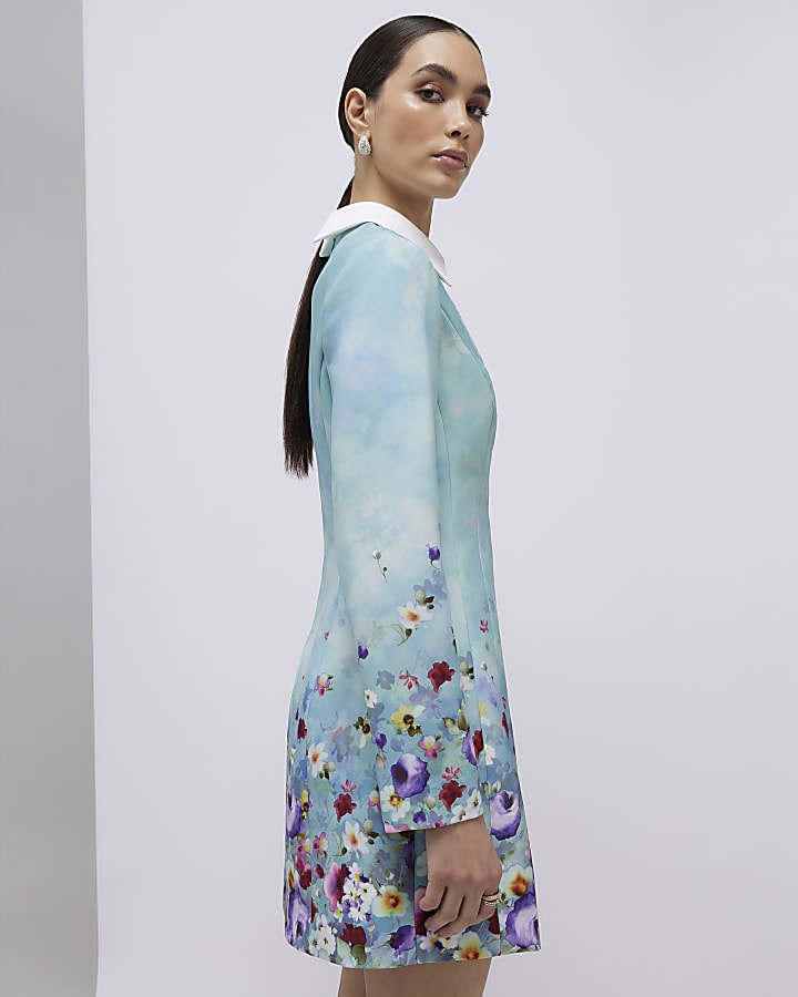 Green Floral Lace Trim Collared Mini Dress