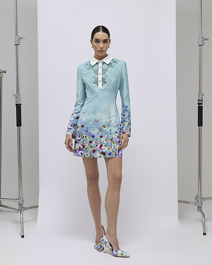 Green Floral Lace Trim Collared Mini Dress