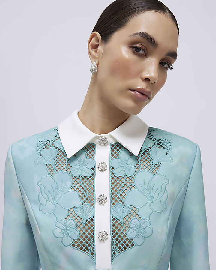 Green Floral Lace Trim Collared Mini Dress