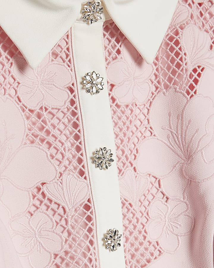 Pink Lace Trim Collared Mini Dress