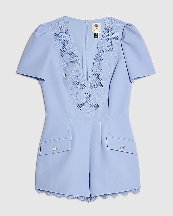 Blue Lace Trimmed Short Sleeve Playsuit