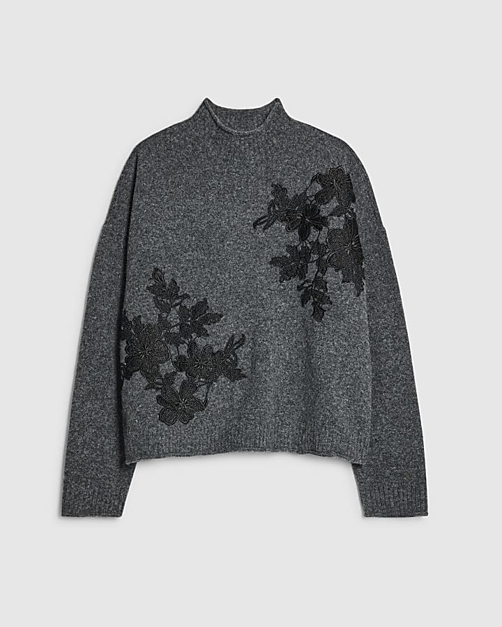 Grey Knitted Floral Applique Jumper