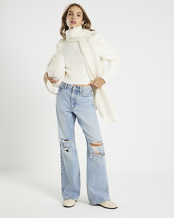 Cream Knitted Pearl Embellished Jumper