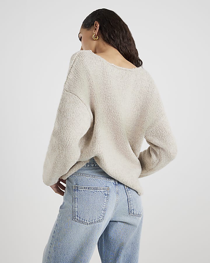 Beige V Neck Slouch Jumper