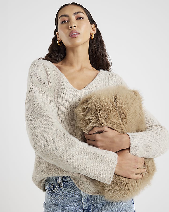 Beige V Neck Slouch Jumper