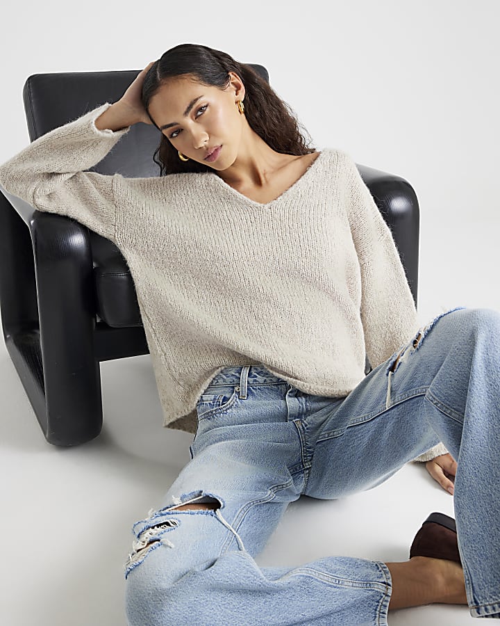 Beige V Neck Slouch Jumper