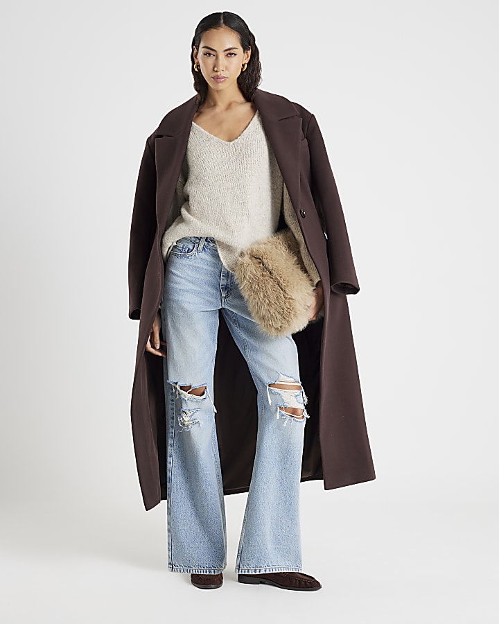 Beige V Neck Slouch Jumper