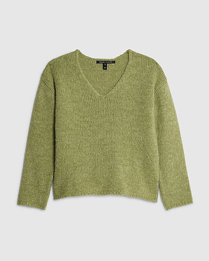 Lime Knitted V Neck Slouchy Jumper