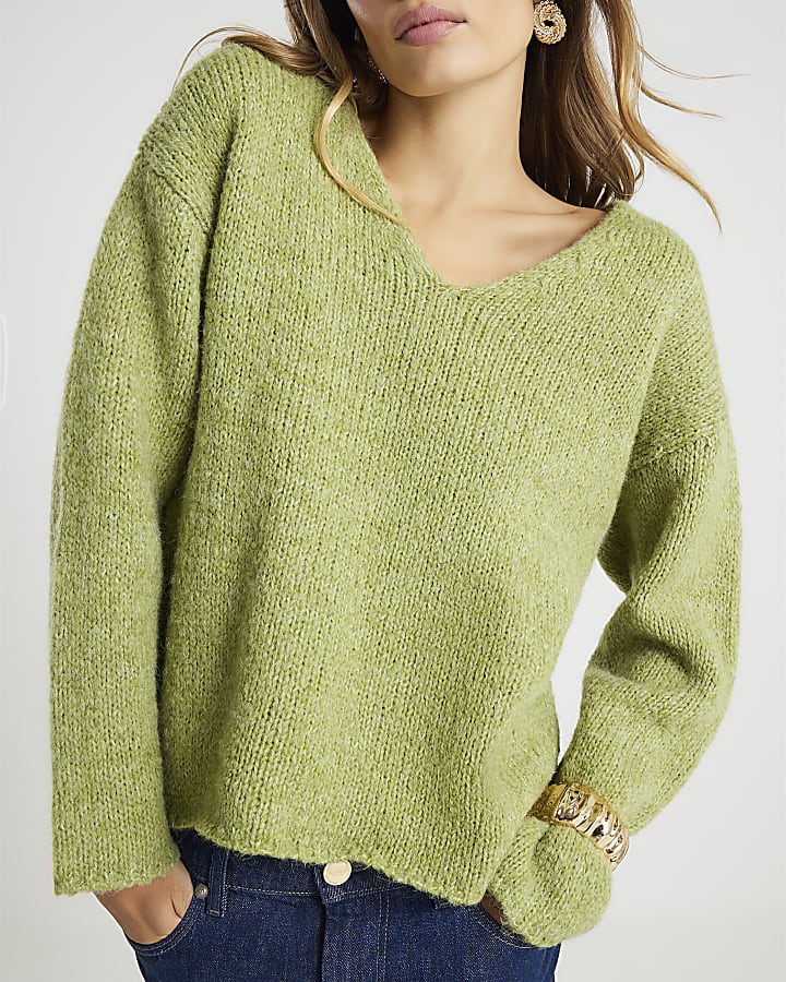 Lime Knitted V Neck Slouchy Jumper