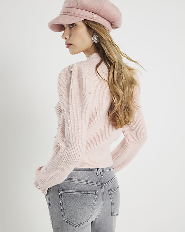 Pink Knitted Pearl Embellished Jumper