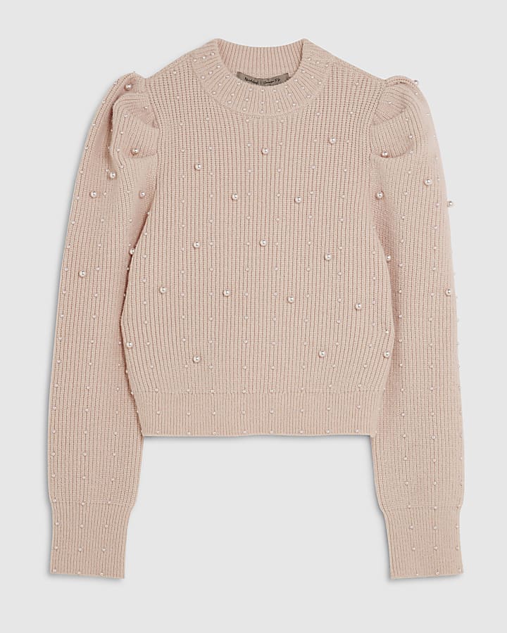 Pink Knitted Pearl Embellished Jumper
