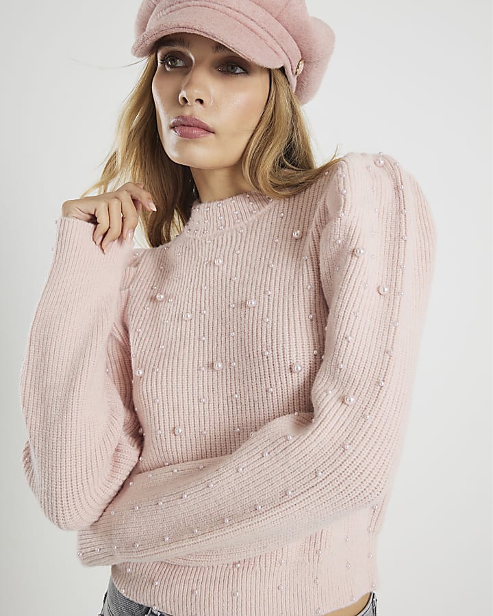 Pink Knitted Pearl Embellished Jumper