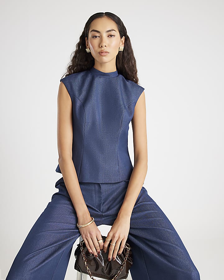 Blue Sleeveless Denim Bow Back Top