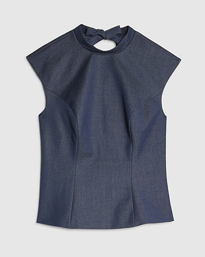 Blue Sleeveless Denim Bow Back Top