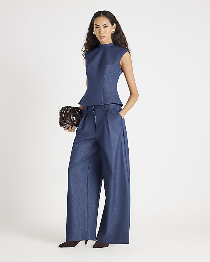 Blue Sleeveless Denim Bow Back Top