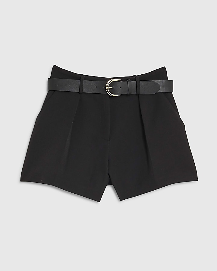 Black Structured Belted Shorts