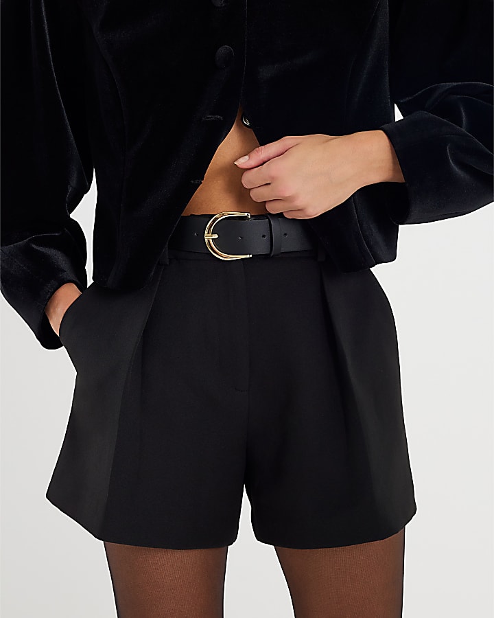 Black Structured Belted Shorts