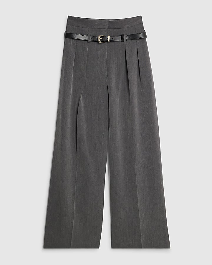 Grey Drop Belt Wide Leg Trousers