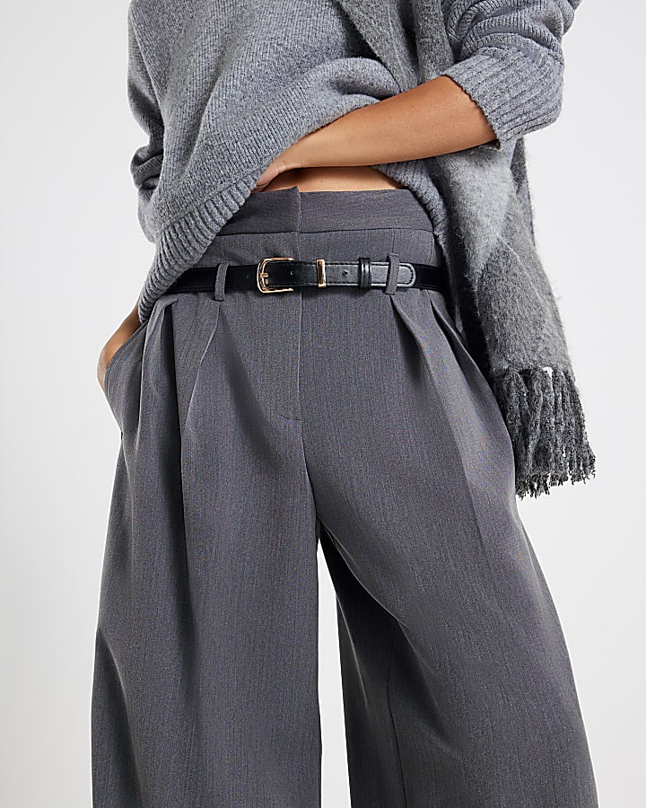 Grey Drop Belt Wide Leg Trousers