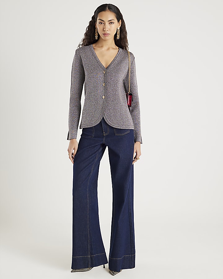 Gold Curved Hem Metallic Cardigan