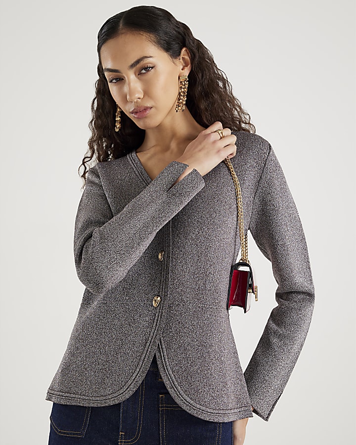 Gold Curved Hem Metallic Cardigan