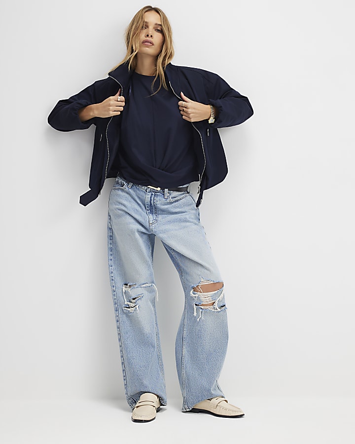 Navy Short Sleeve Twist Front T-Shirt