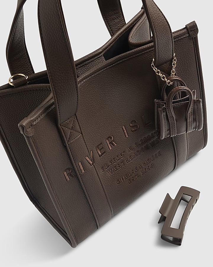 Brown Embroidered Tote Bag and Hair Clip
