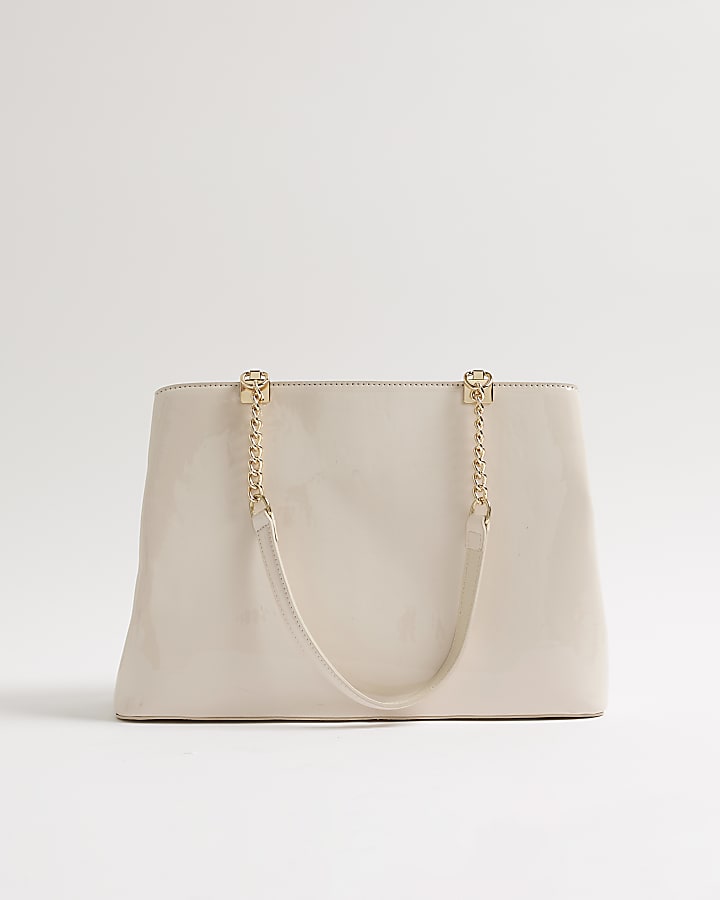 Cream Chain Handle Embossed Tote Bag