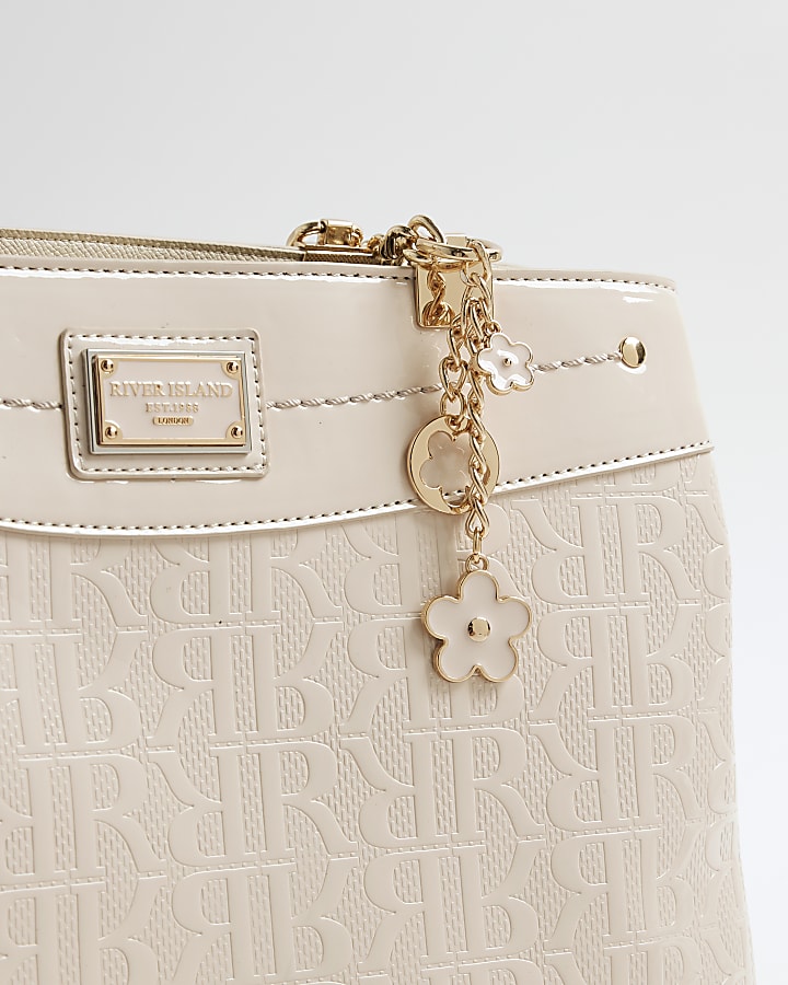 Cream Chain Handle Embossed Tote Bag