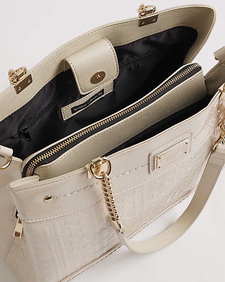 Cream Chain Handle Embossed Tote Bag