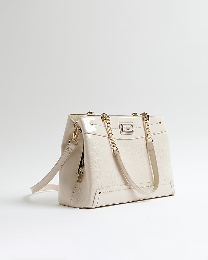 Cream Chain Handle Embossed Tote Bag
