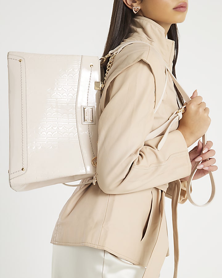 Cream Chain Handle Embossed Tote Bag
