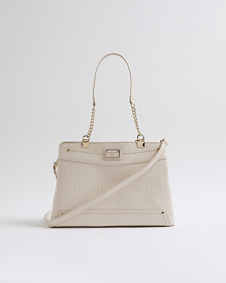 Cream Chain Handle Embossed Tote Bag