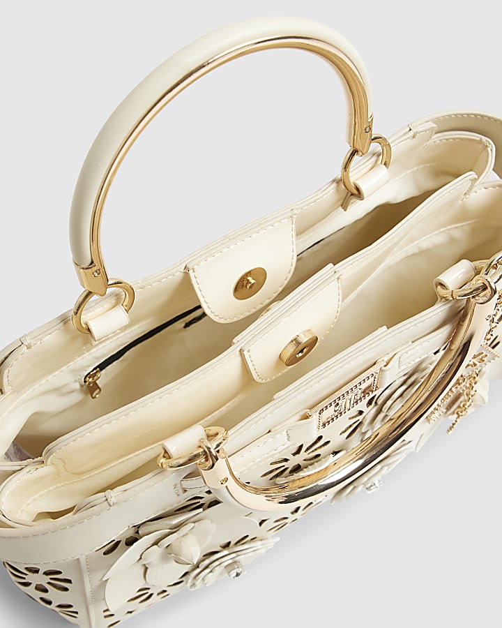 Cream 3D Floral Laser Cut Tote Bag