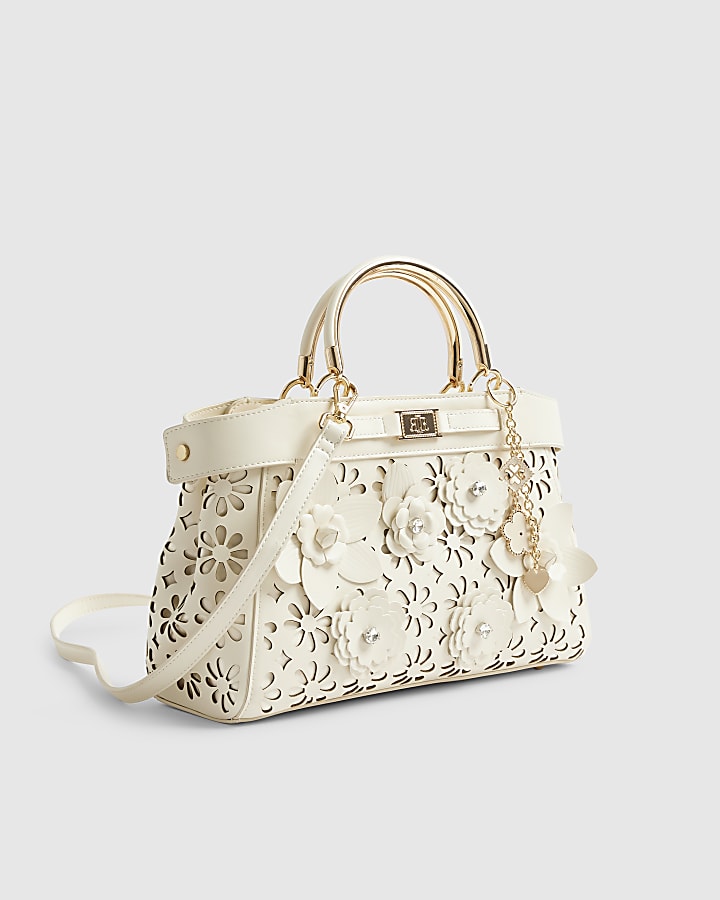 Cream 3D Floral Laser Cut Tote Bag