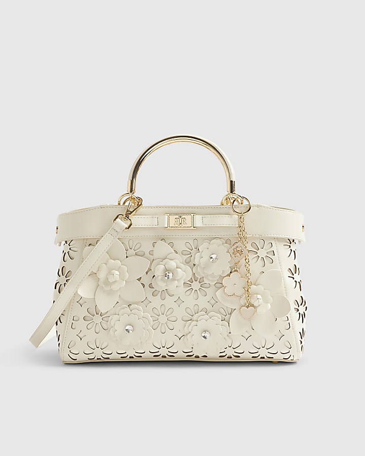 Cream 3D Floral Laser Cut Tote Bag
