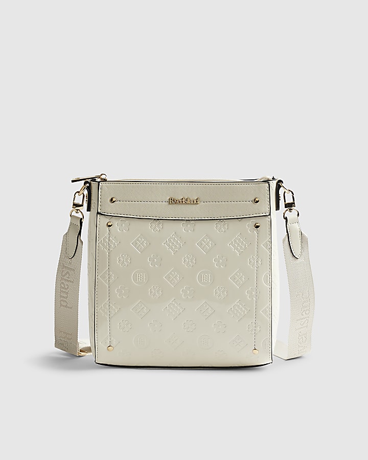 Cream Monogram Embossed  Messenger Bag