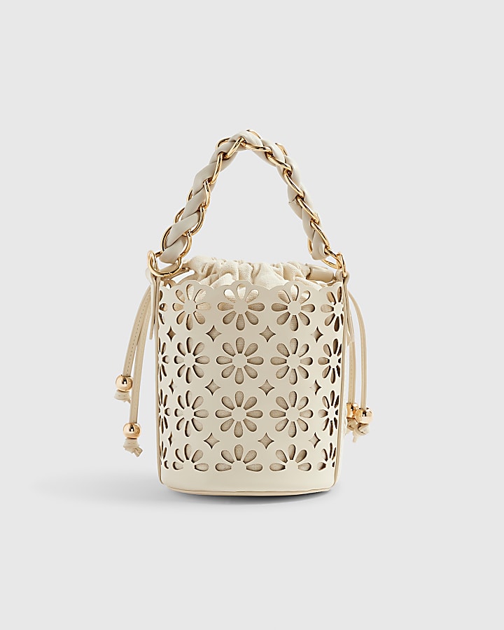 Cream 3D Floral Laser Cut Bucket Bag